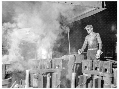 Operator Pouring Molten Metal at Chase Brass 1942 - Available at KNOWOL