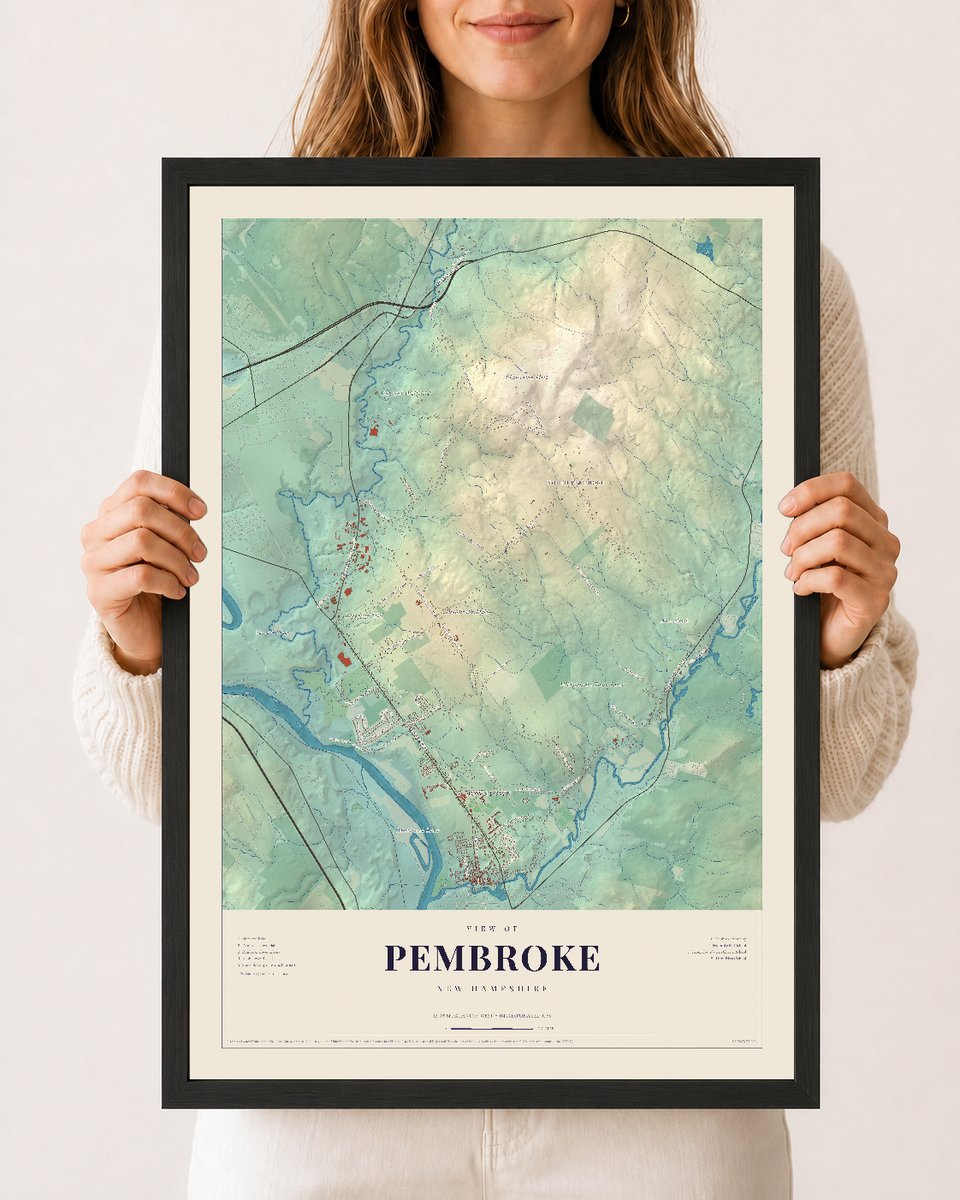Pembroke, New Hampshire map print, 12 x 18 in black wood frame