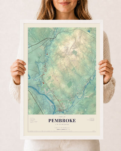 Pembroke, New Hampshire map print, 12 x 18 in white wood frame