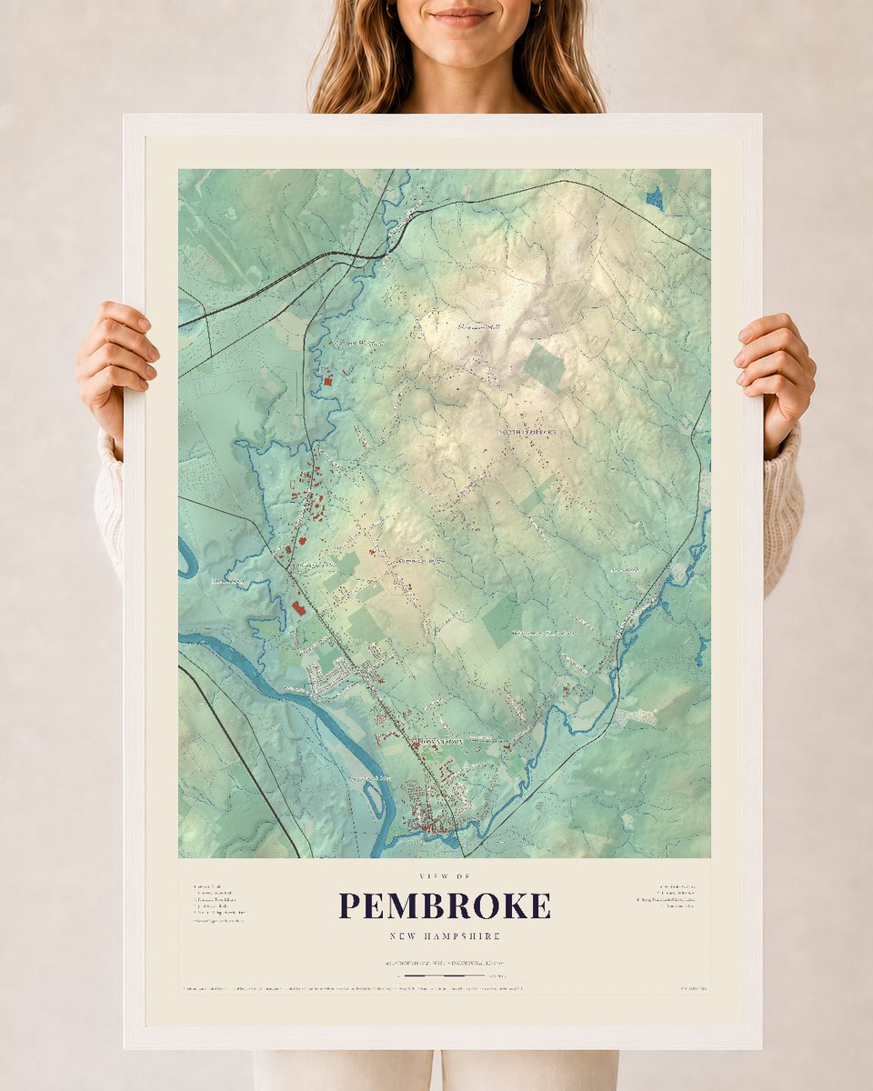 Pembroke, New Hampshire map print, 24 x 36 in white wood frame