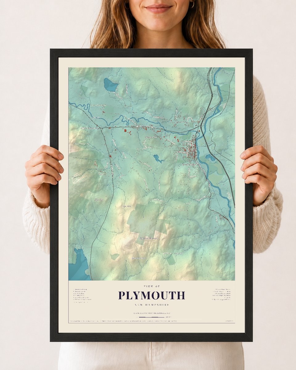 Plymouth, New Hampshire map print, 12 x 18 in black wood frame