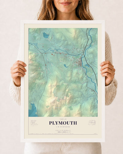 Plymouth, New Hampshire map print, 12 x 18 in white wood frame