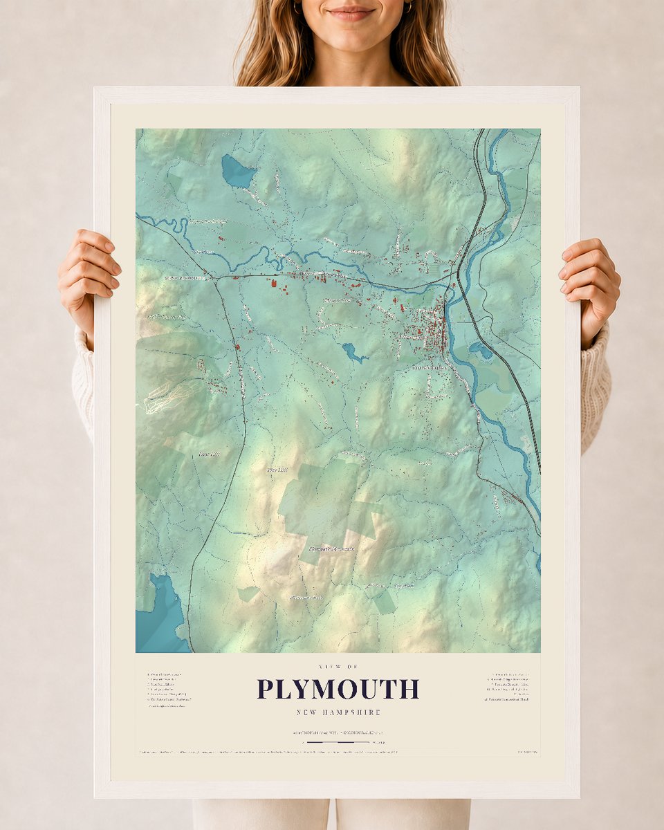 Plymouth, New Hampshire map print, 24 x 36 in white wood frame