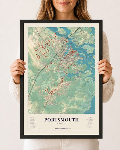 Portsmouth, New Hampshire map print, 12 x 18 in black wood frame