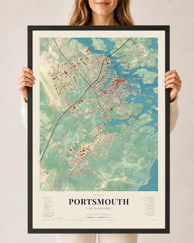 Portsmouth, New Hampshire map print, 24 x 36 in black wood frame