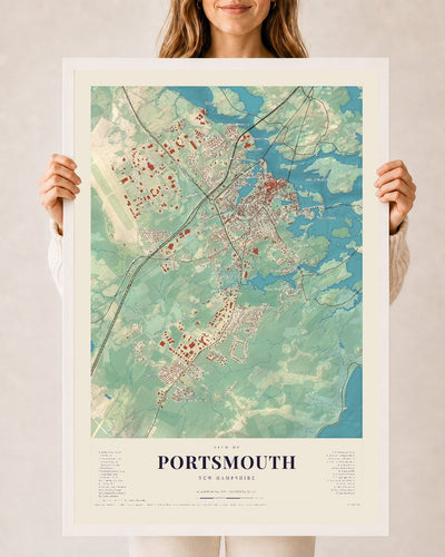Portsmouth, New Hampshire map print, 24 x 36 in white wood frame