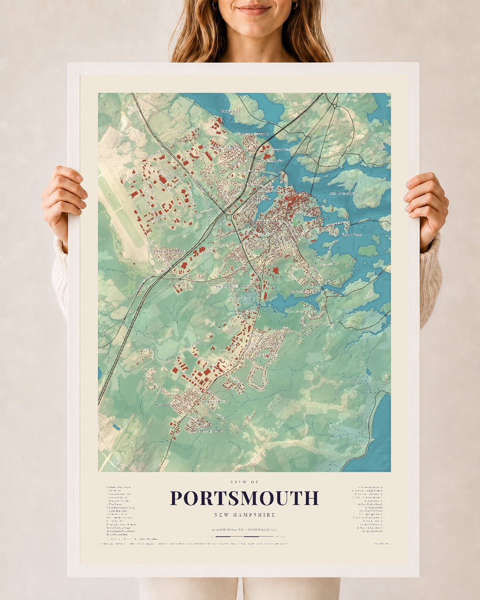 Portsmouth, New Hampshire map print, 24 x 36 in white wood frame