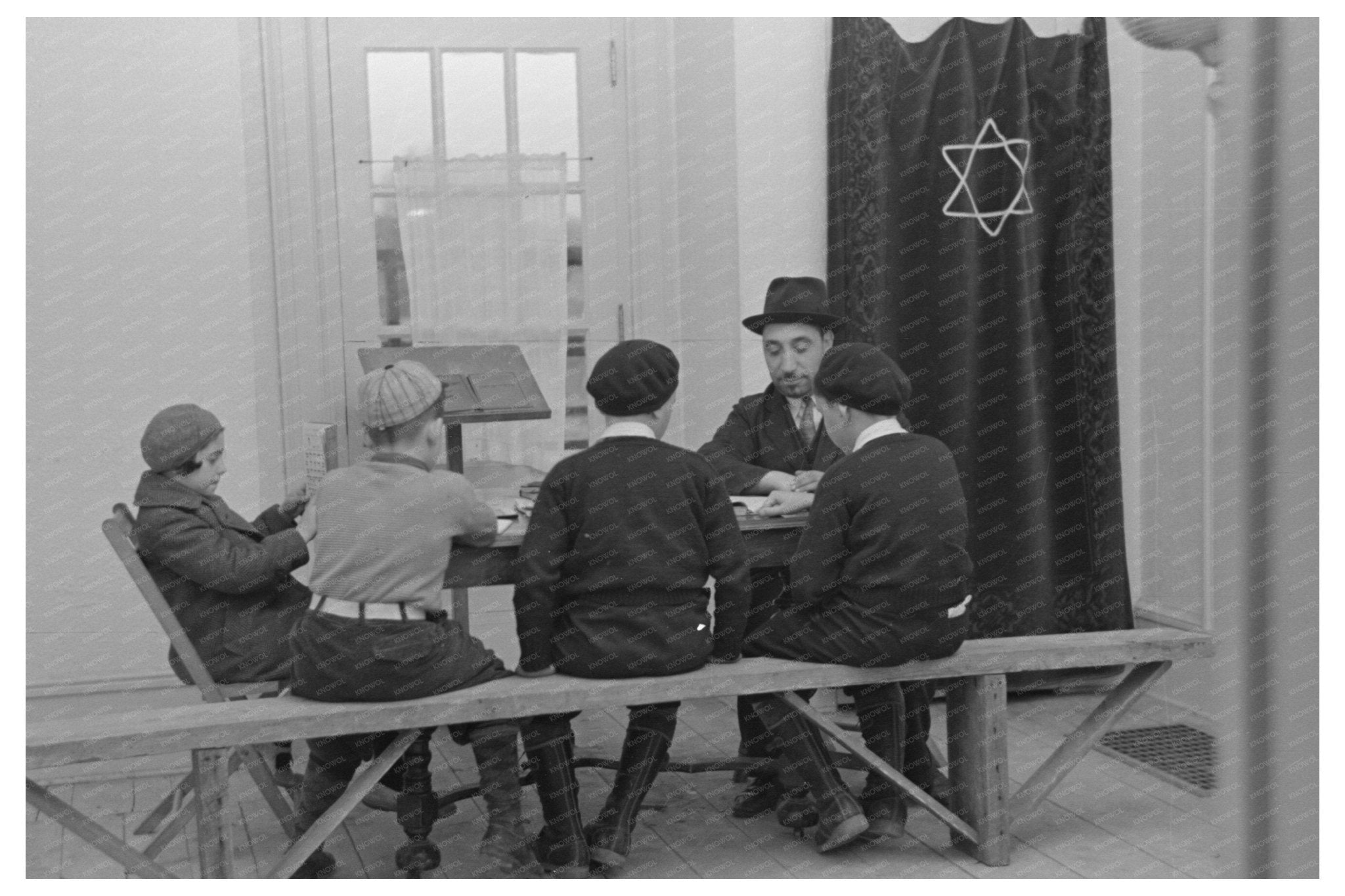 Rabbi Teaching Orthodox Children in Jersey Homesteads 1936 - Available at KNOWOL