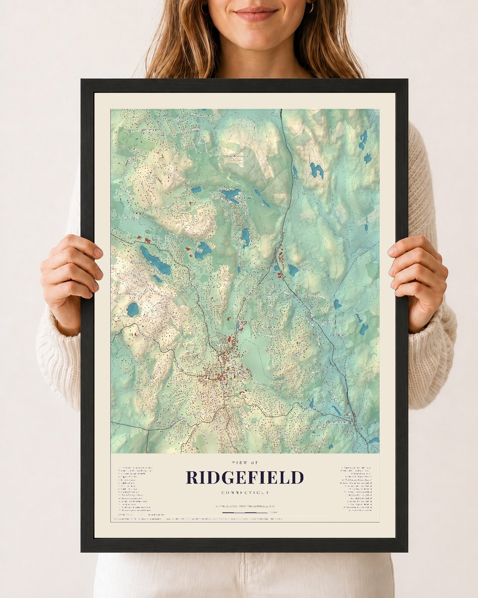 Ridgefield, Connecticut map print, 12 x 18 in black wood frame