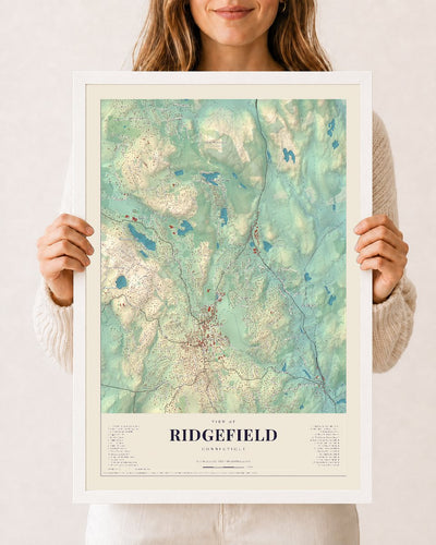 Ridgefield, Connecticut map print, 12 x 18 in white wood frame