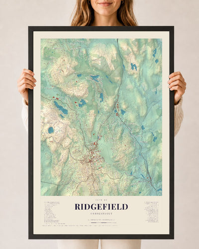Ridgefield, Connecticut map print, 24 x 36 in black wood frame