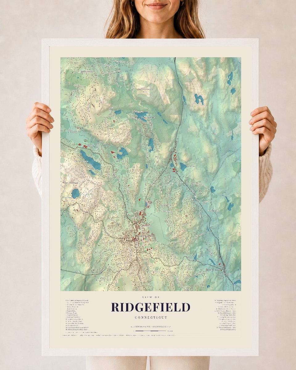 Ridgefield, Connecticut map print, 24 x 36 in white wood frame