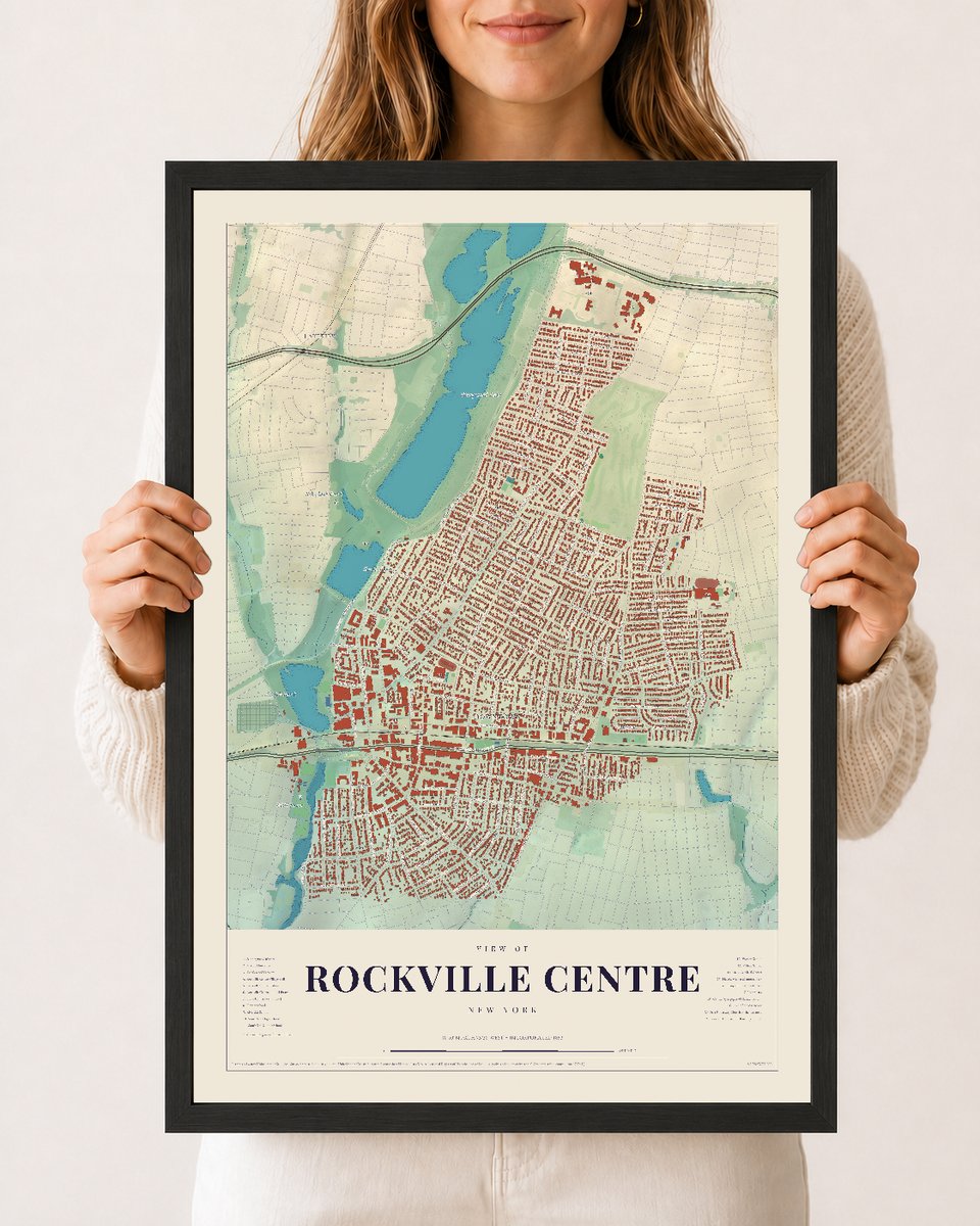 Rockville Centre, New York map print, 12 x 18 in black wood frame