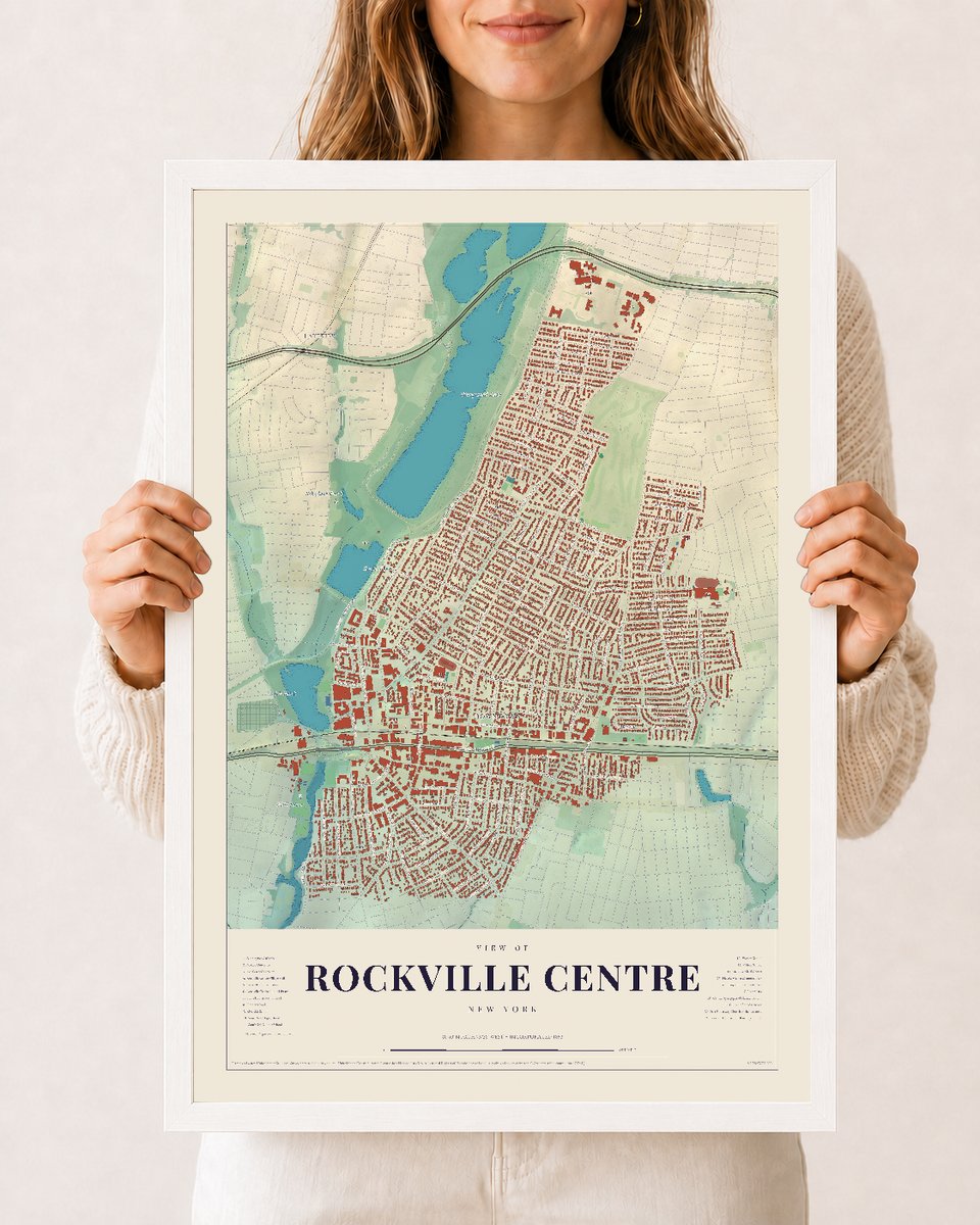 Rockville Centre, New York map print, 12 x 18 in white wood frame