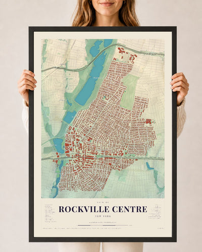 Rockville Centre, New York map print, 24 x 36 in black wood frame