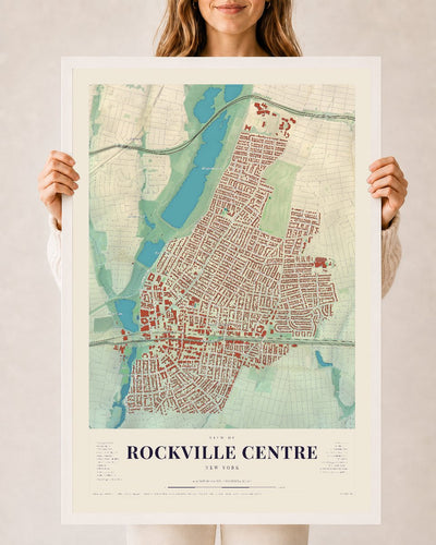 Rockville Centre, New York map print, 24 x 36 in white wood frame