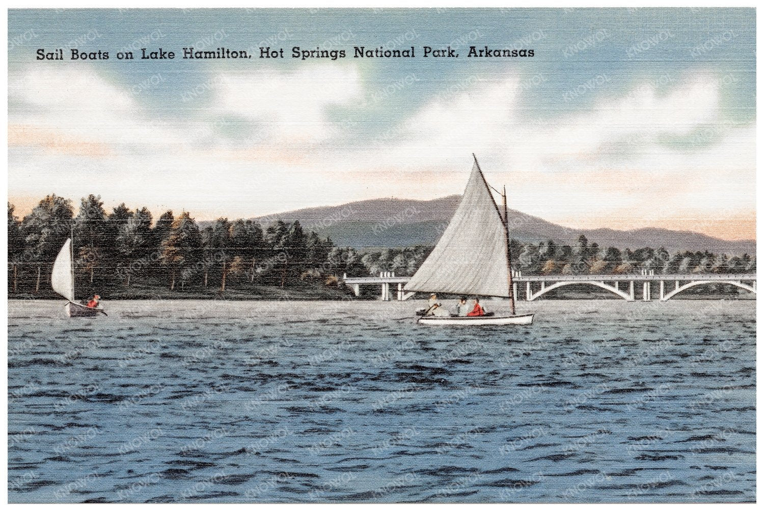 Sailboats on Lake Hamilton Arkansas Postcard 1930 - 1945 - Available at KNOWOL