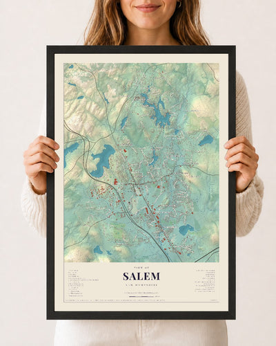 Salem, New Hampshire map print, 12 x 18 in black wood frame
