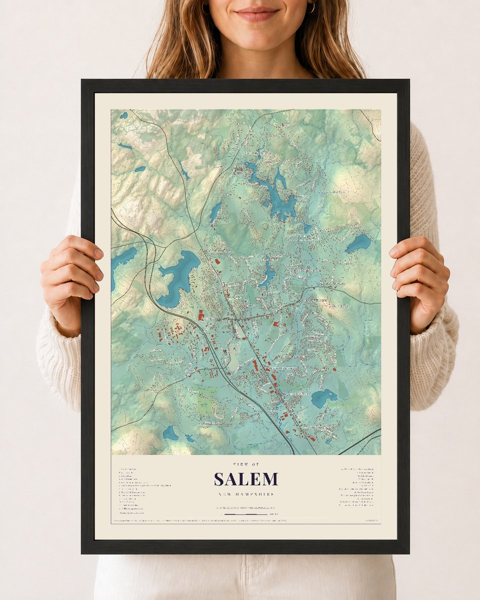 Salem, New Hampshire map print, 12 x 18 in black wood frame
