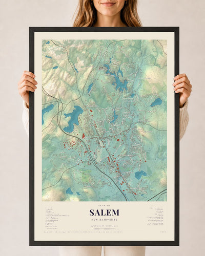 Salem, New Hampshire map print, 24 x 36 in black wood frame