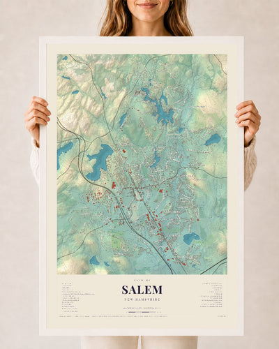Salem, New Hampshire map print, 24 x 36 in white wood frame