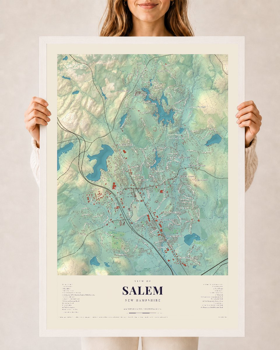 Salem, New Hampshire map print, 24 x 36 in white wood frame
