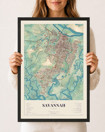 Savannah, Georgia map print, 12 x 18 in black wood frame