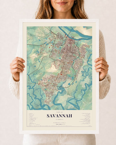 Savannah, Georgia map print, 12 x 18 in white wood frame