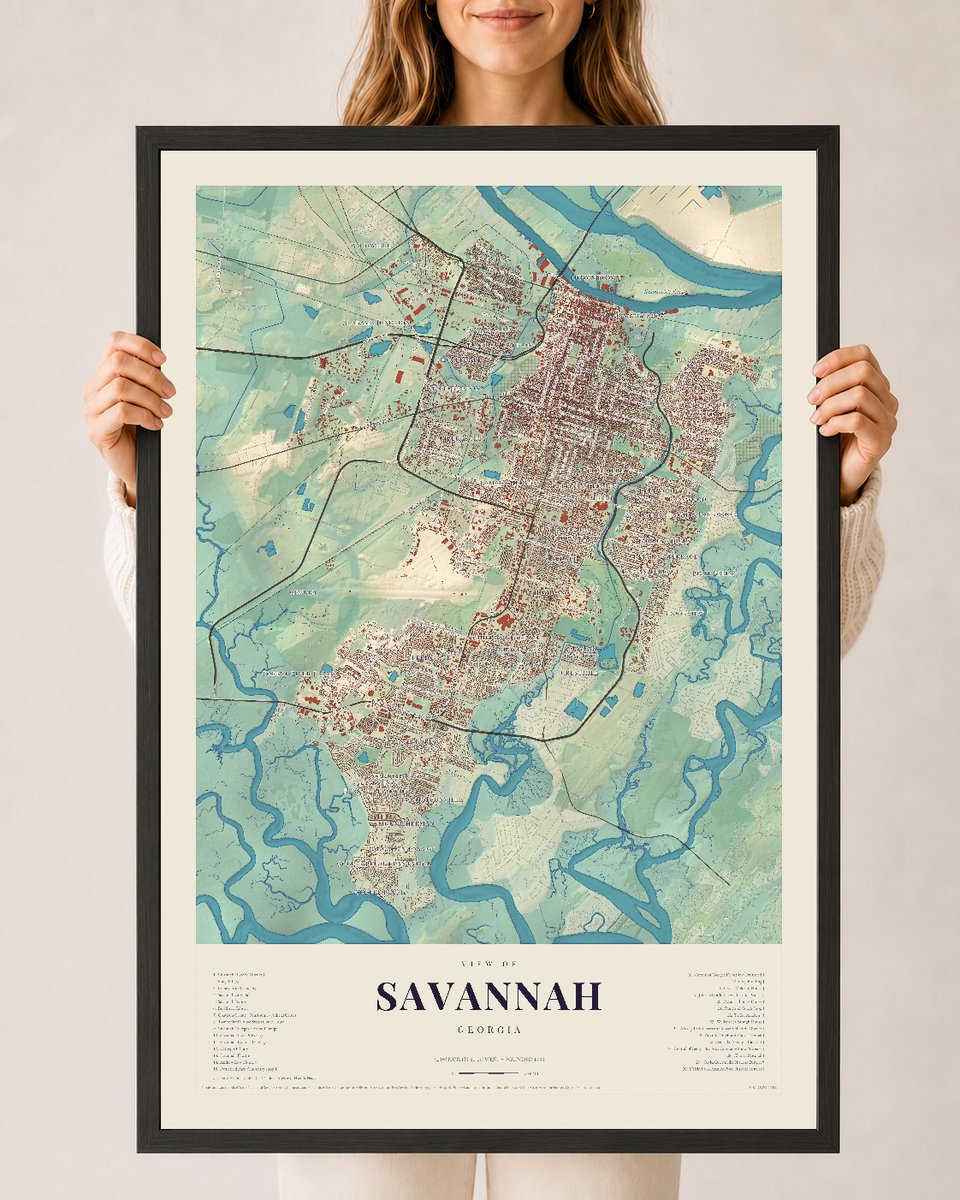 Savannah, Georgia map print, 24 x 36 in black wood frame