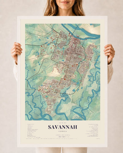 Savannah, Georgia map print, 24 x 36 in white wood frame
