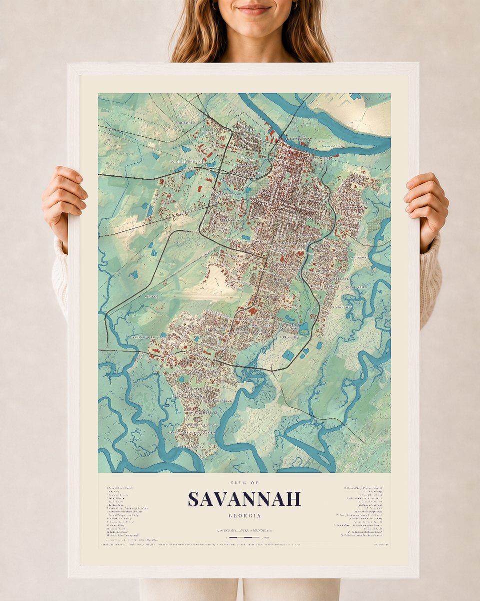 Savannah, Georgia map print, 24 x 36 in white wood frame