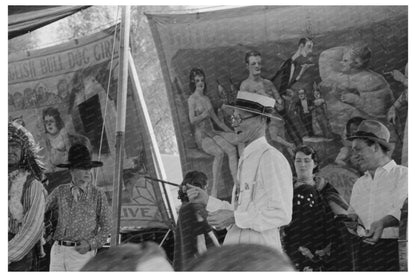 Sideshow Barker Engages Crowd at Louisiana Fair 1938 - Available at KNOWOL