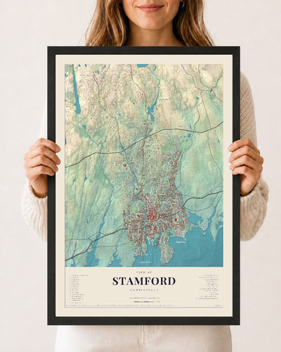 Stamford, Connecticut map print, 12 x 18 in black wood frame