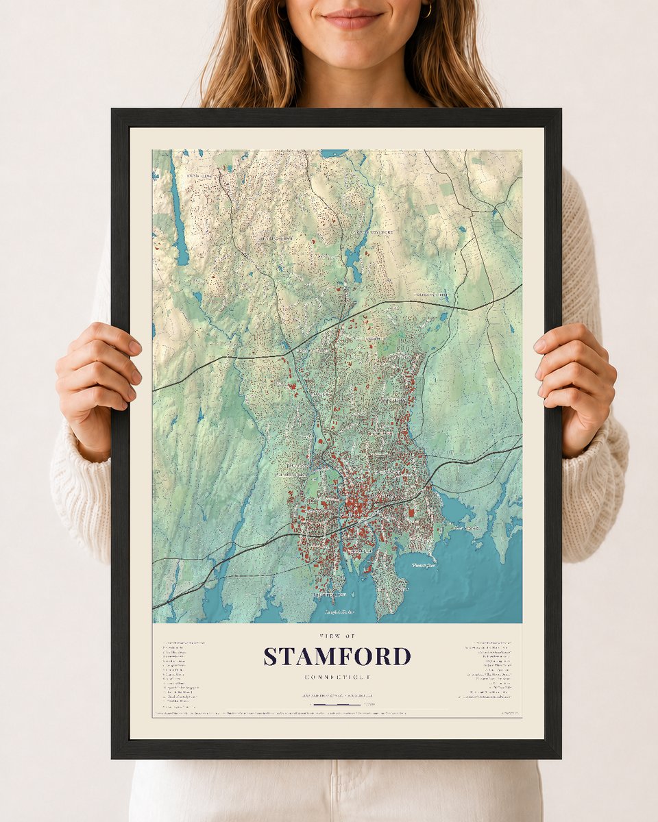 Stamford, Connecticut map print, 12 x 18 in black wood frame