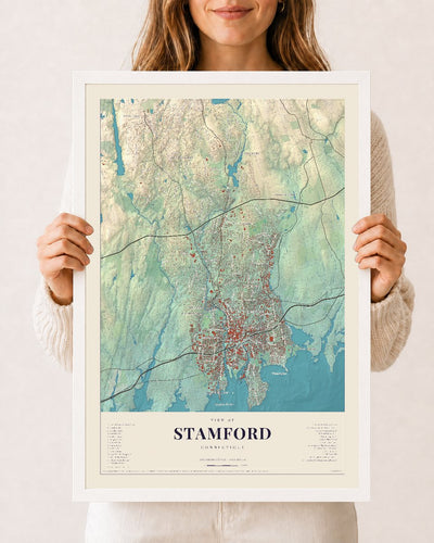 Stamford, Connecticut map print, 12 x 18 in white wood frame