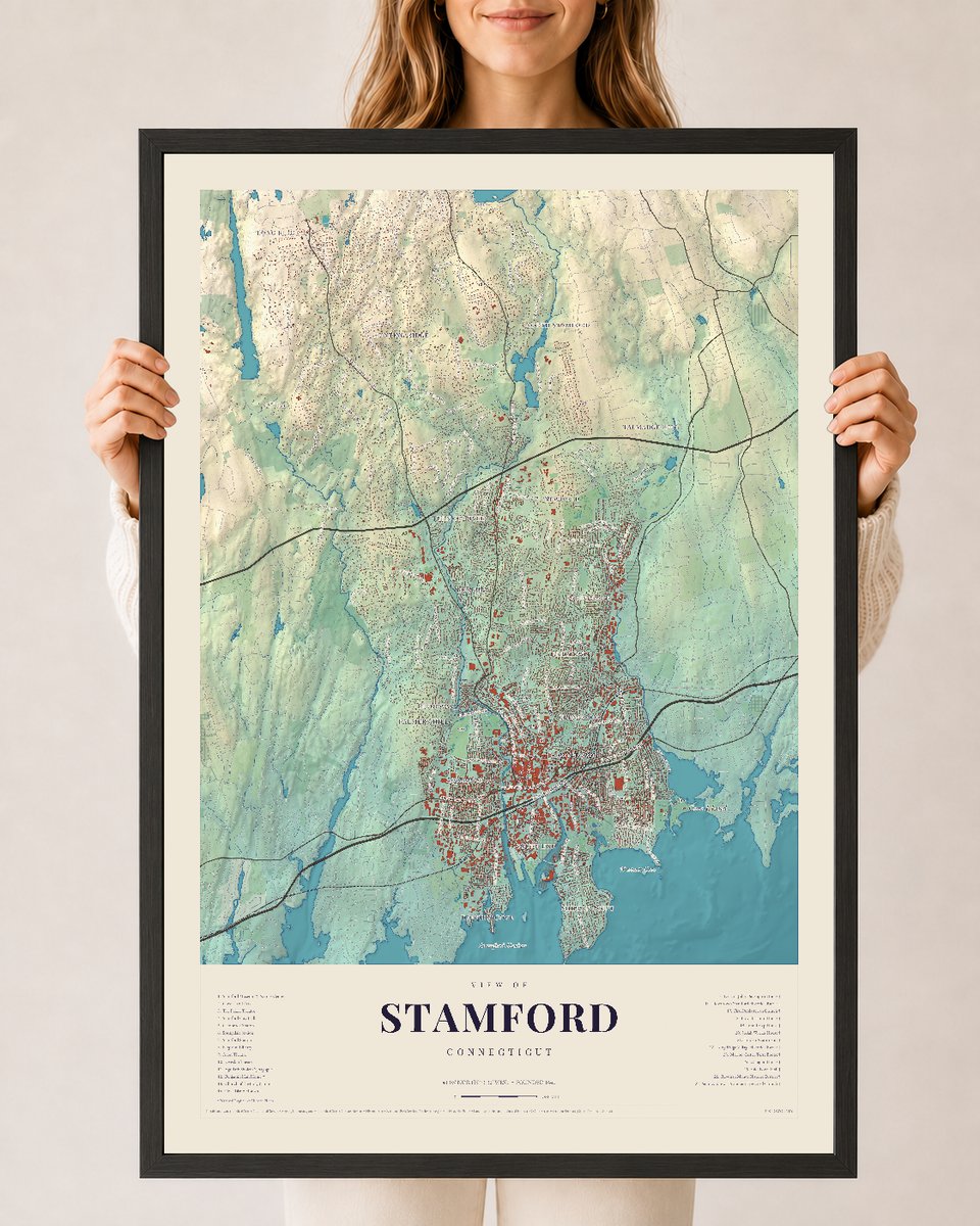 Stamford, Connecticut map print, 24 x 36 in black wood frame