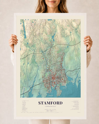 Stamford, Connecticut map print, 24 x 36 in white wood frame