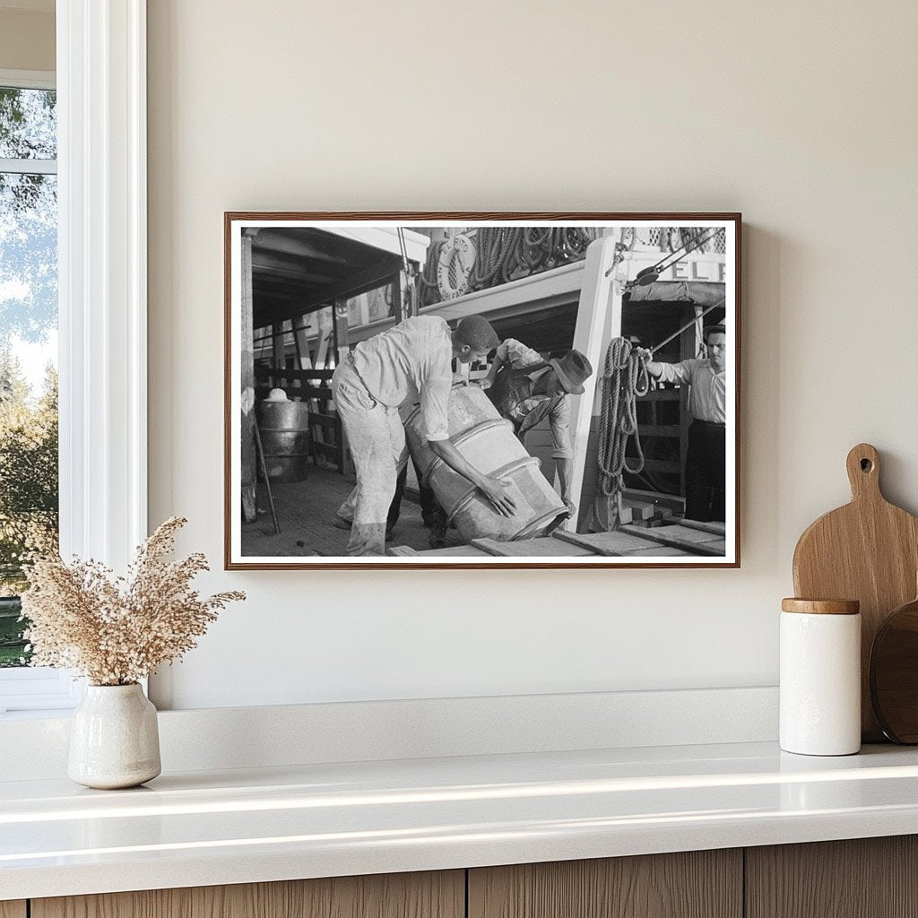 Stevedores Handling Drum at New Orleans Waterfront 1938 - Available at KNOWOL