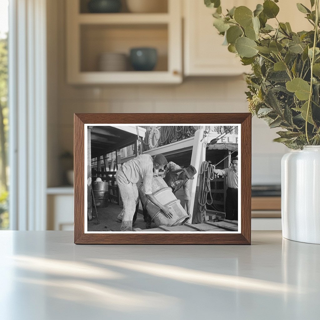 Stevedores Handling Drum at New Orleans Waterfront 1938 - Available at KNOWOL