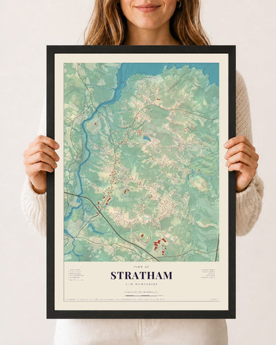 Stratham, New Hampshire map print, 12 x 18 in black wood frame