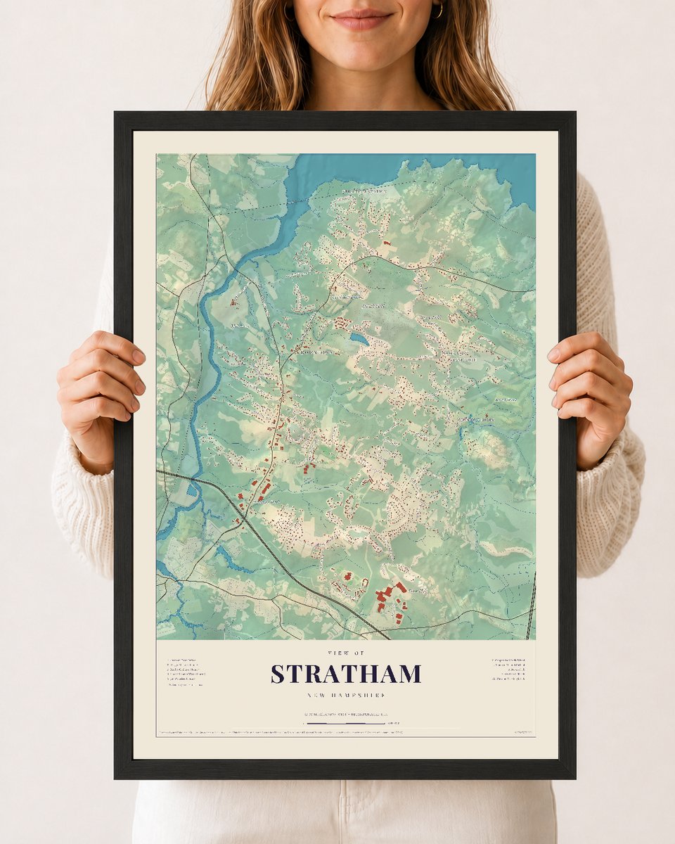 Stratham, New Hampshire map print, 12 x 18 in black wood frame