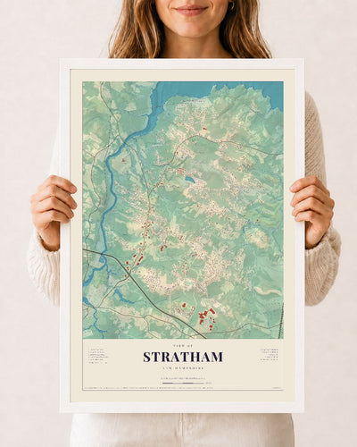 Stratham, New Hampshire map print, 12 x 18 in white wood frame