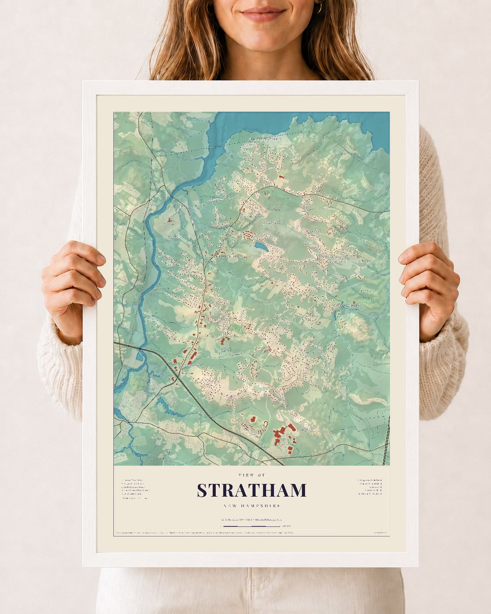 Stratham, New Hampshire map print, 12 x 18 in white wood frame