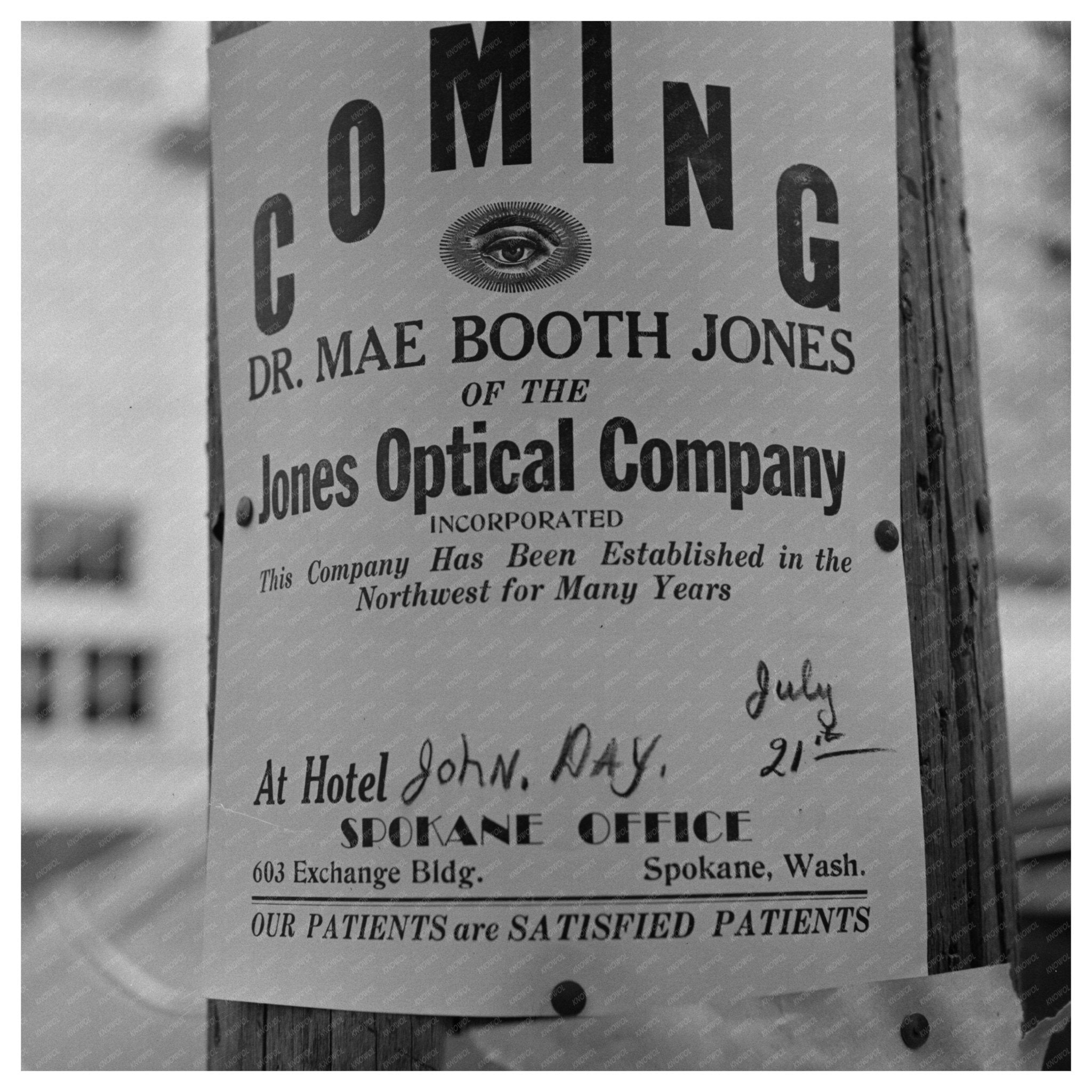 Traveling Optometrists Sign John Day Oregon 1942 - Available at KNOWOL