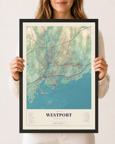 Westport, Connecticut map print, 12 x 18 in black wood frame