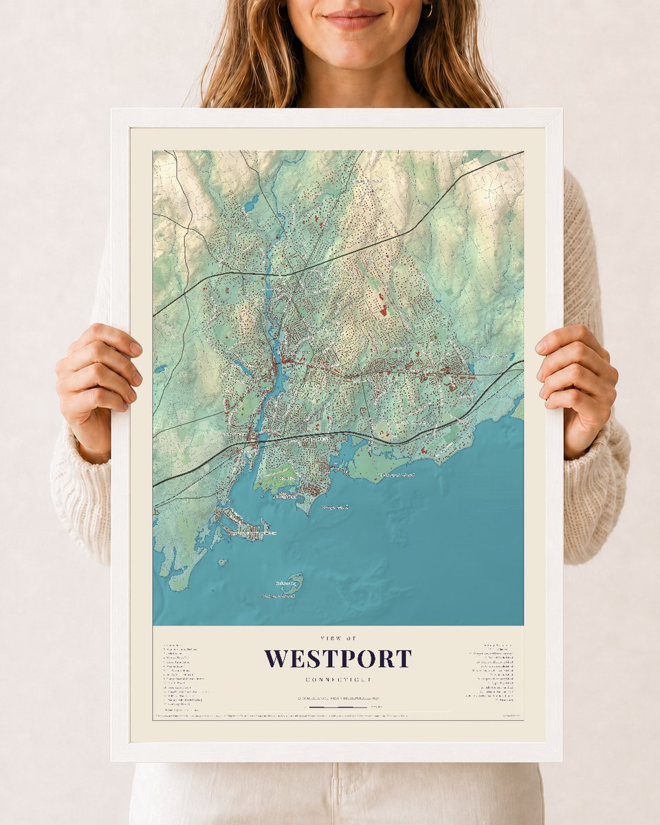 Westport, Connecticut map print, 12 x 18 in white wood frame