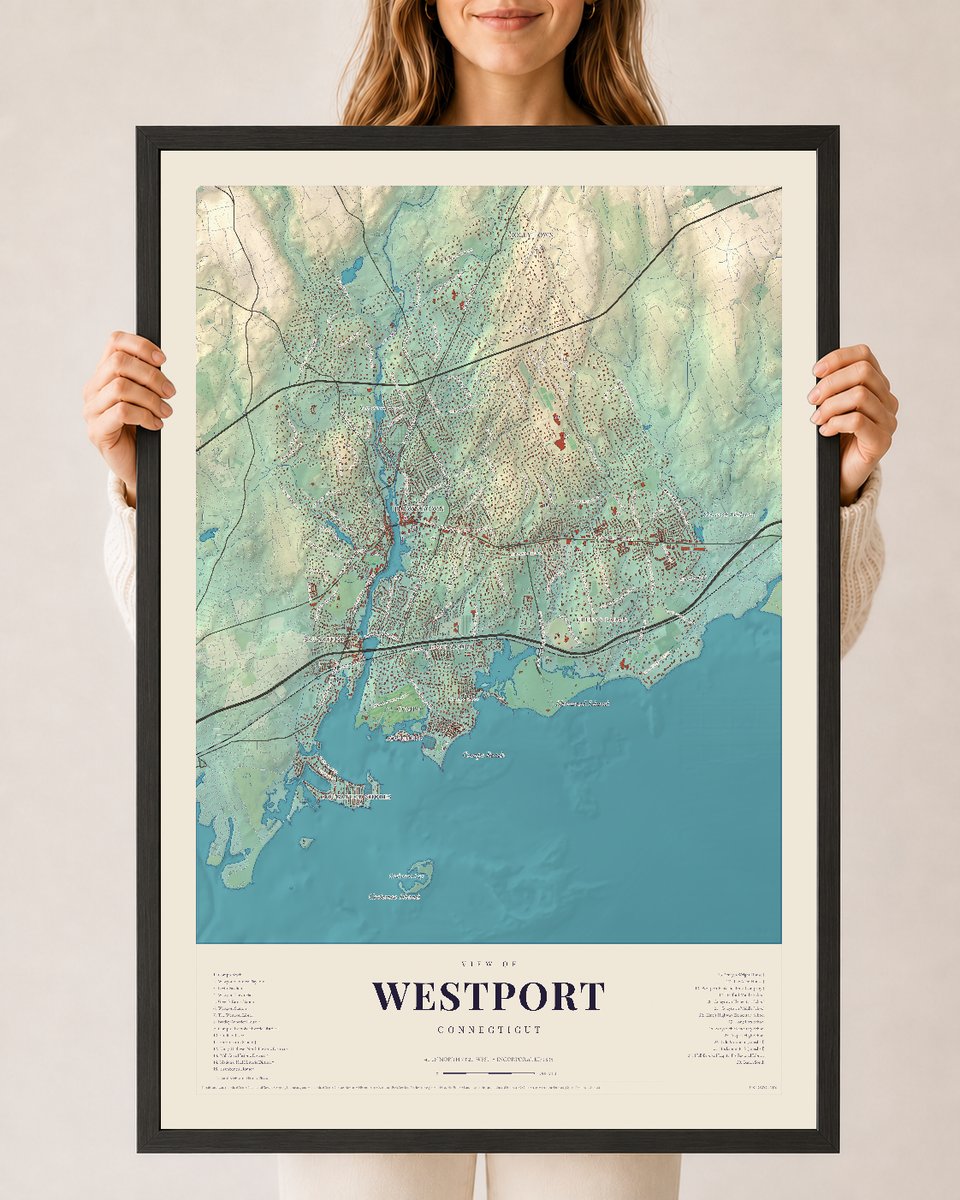 Westport, Connecticut map print, 24 x 36 in black wood frame