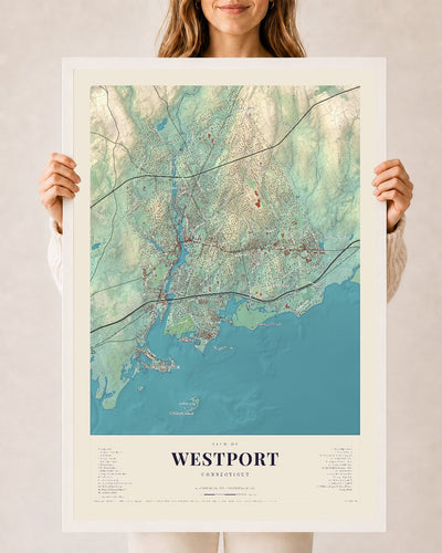 Westport, Connecticut map print, 24 x 36 in white wood frame