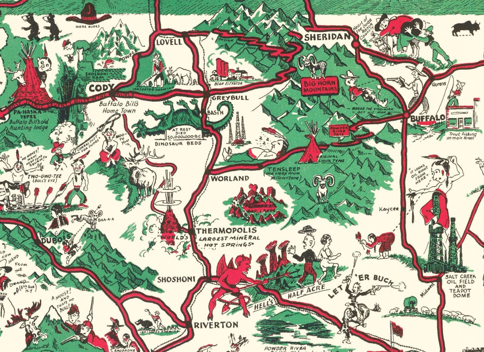 Whimsical "Paint - Brush" Map of Wyoming, 1938 - Available at KNOWOL