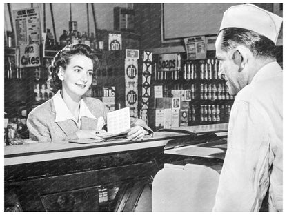 Woman Examines Ration Books in Grocery Store 1943 - Available at KNOWOL